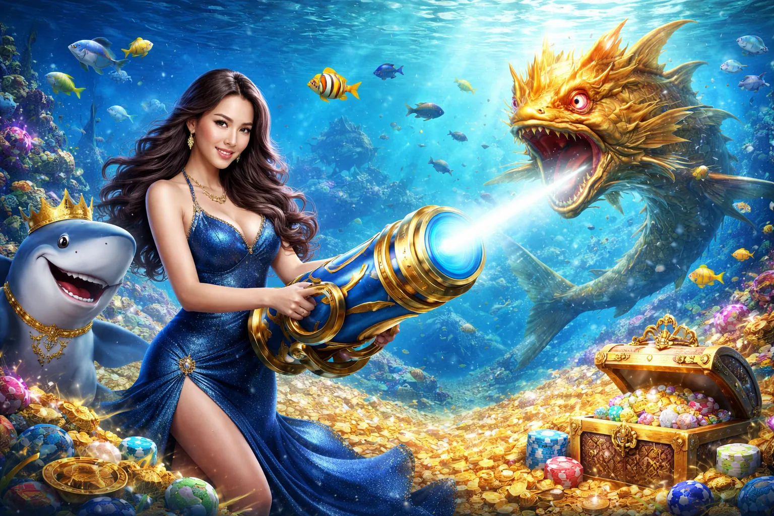 Hình ảnh đại dương rực rỡ với các loài cá và kho báu